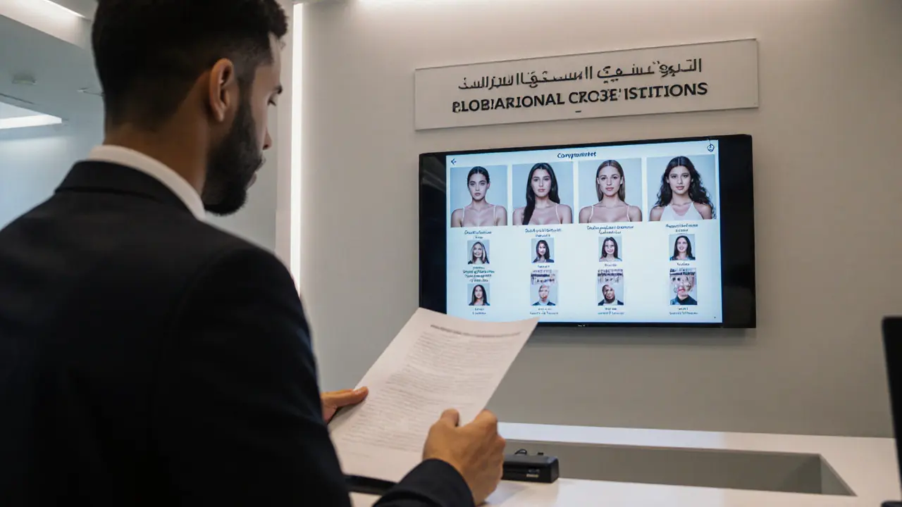 A professional escort agency office with digital profiles and a contract being reviewed under clean lighting.