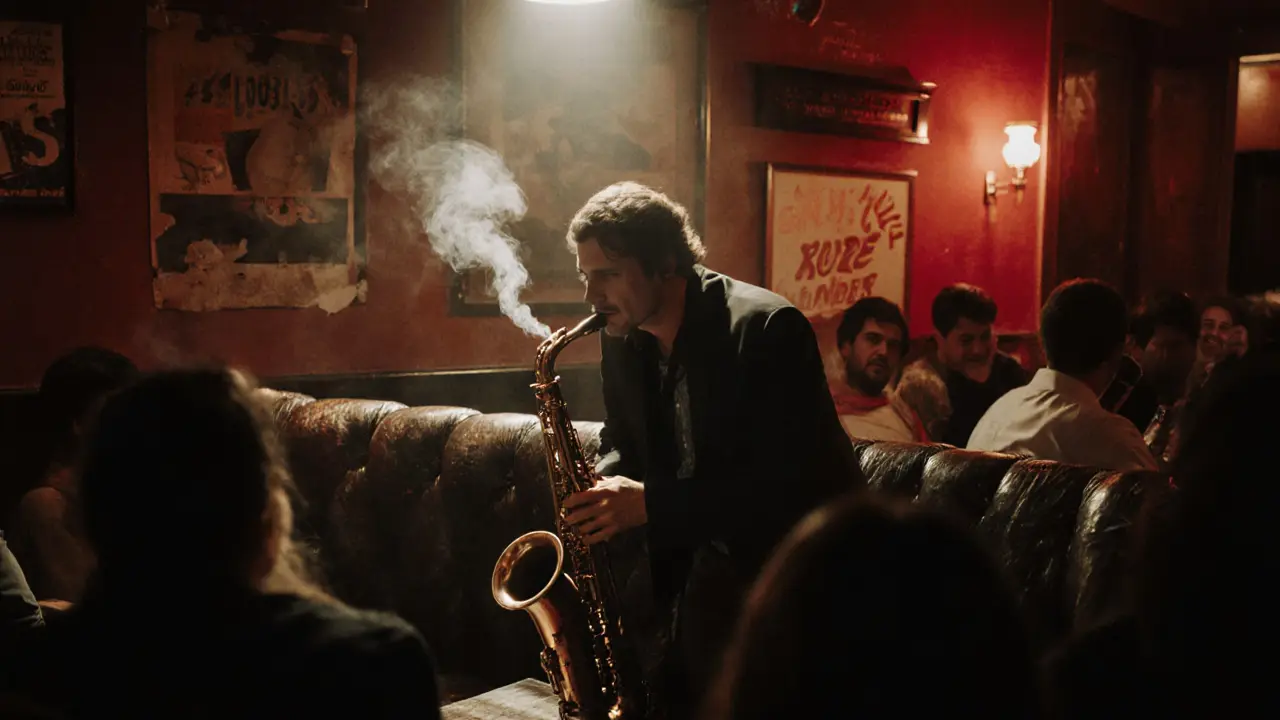 A quiet jazz club with musicians playing under dim red lights at night.