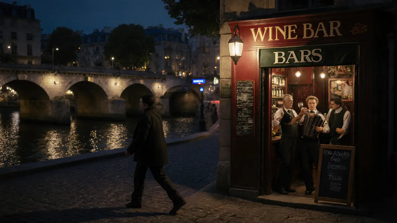 A quiet Montmartre street at night with a hidden wine bar and flickering lantern.