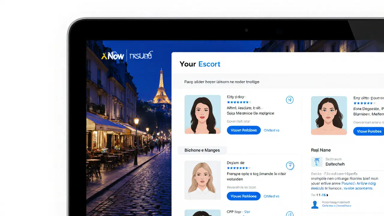 A secure online platform displays verified escort profiles with real names and ID verification badges.