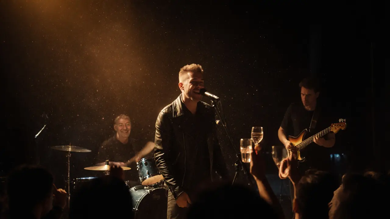 A singer performs with a live rock band in a dimly lit bar, audience captivated by the raw performance.