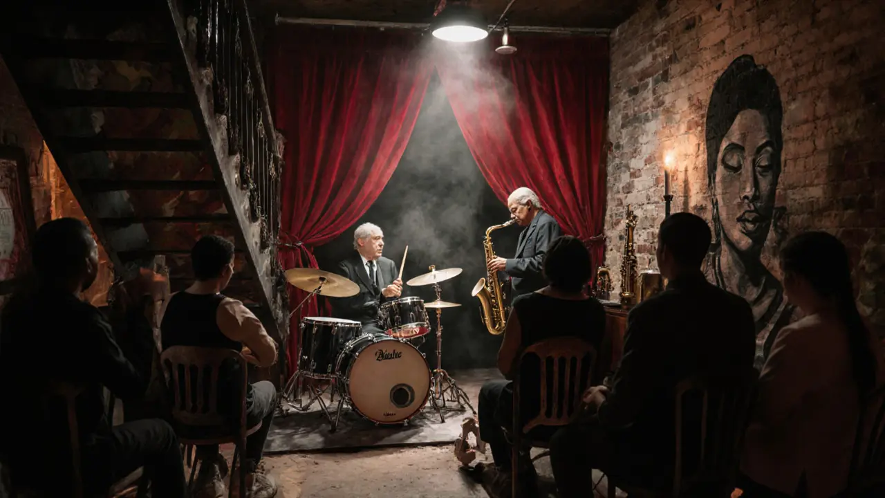 A smoky basement jazz club in Paris with an elderly drummer and saxophonist performing under a single spotlight.