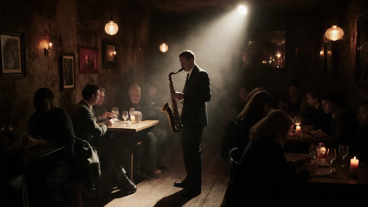A smoky jazz club basement with a saxophonist playing under a spotlight, patrons lost in music.