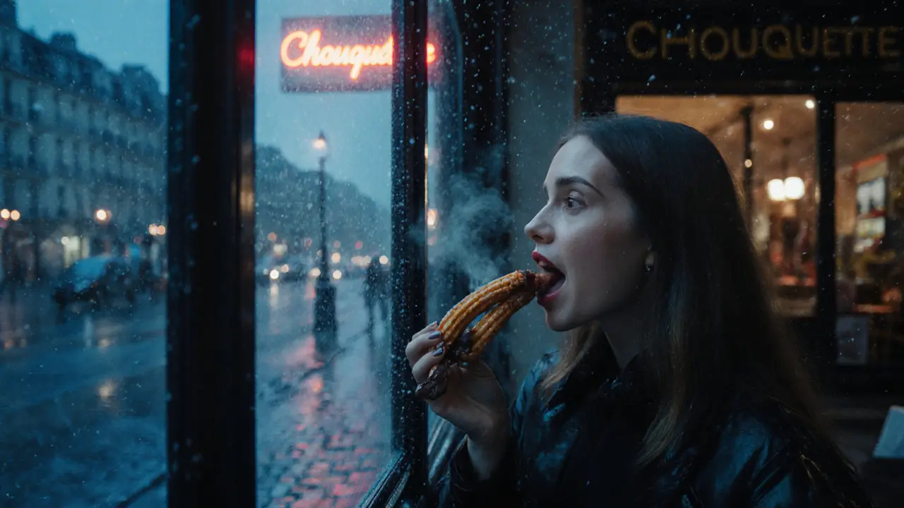 A woman eating churros at a late-night bakery at 3 a.m., snow falling outside.