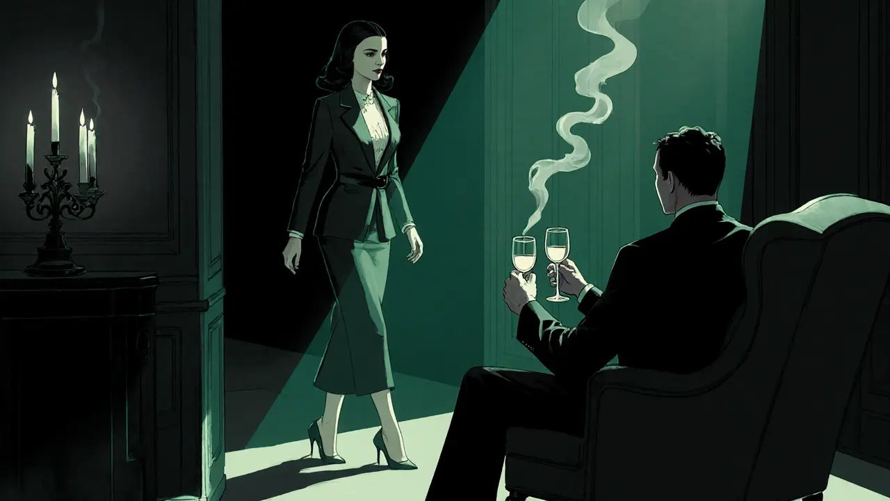 A woman in an elegant dress shares a silent moment with a man in a candlelit penthouse, no touch, only presence.