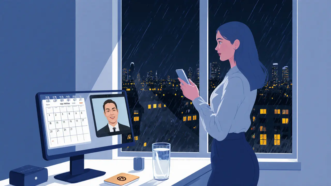 A woman reviewing a client video call in her safe, organized London apartment.