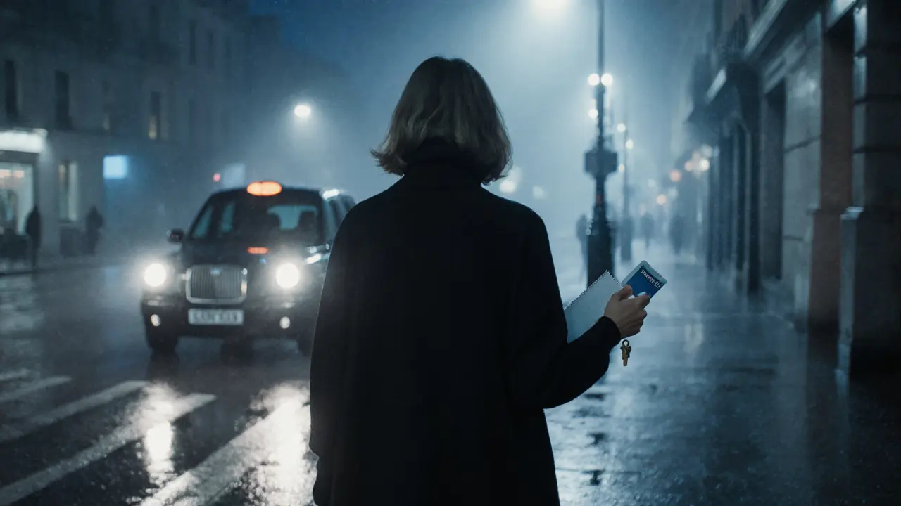 A woman walks home through misty London streets at night, her reflection visible on wet pavement, face unseen.