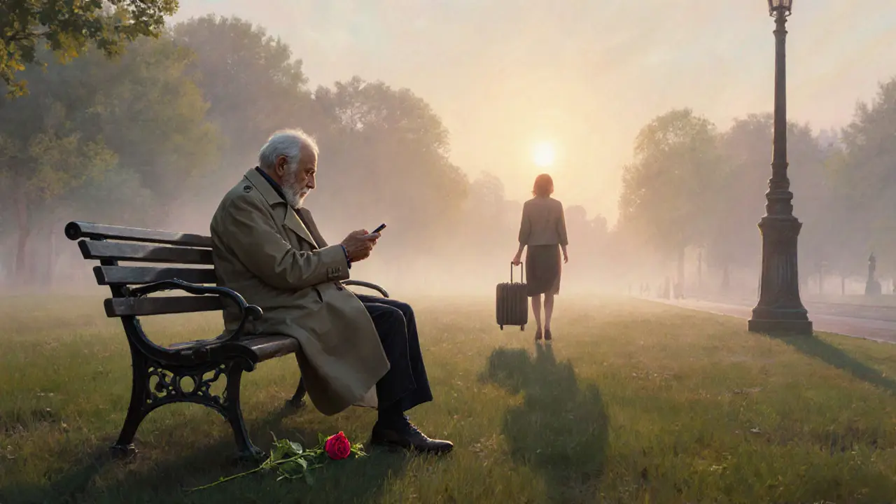 An elderly man sits alone on a park bench at sunrise, a rose beside him.