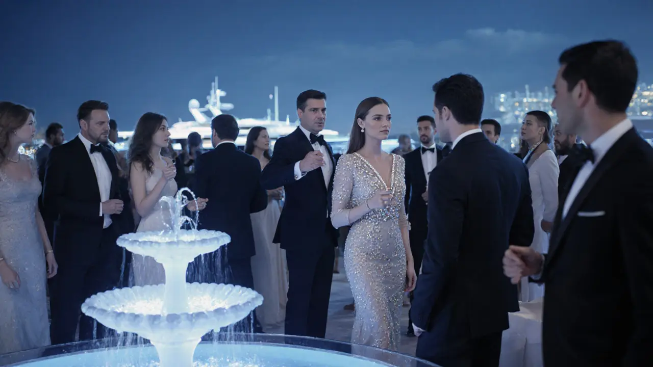 An elegant escort engages in multilingual conversation at a high-end Dubai lounge, surrounded by affluent guests in formal attire.