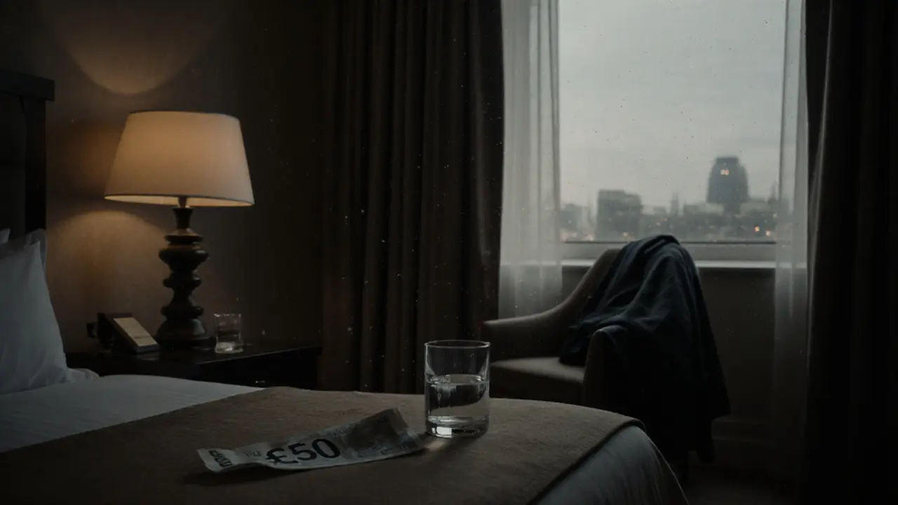 An empty hotel room at dawn with a folded £50 note on the nightstand, conveying a quiet, respectful transaction.