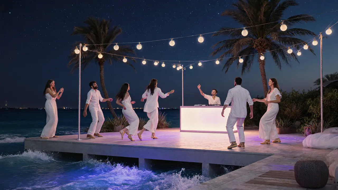 Beach club at midnight with guests dancing by the sea under string lights and palm trees.