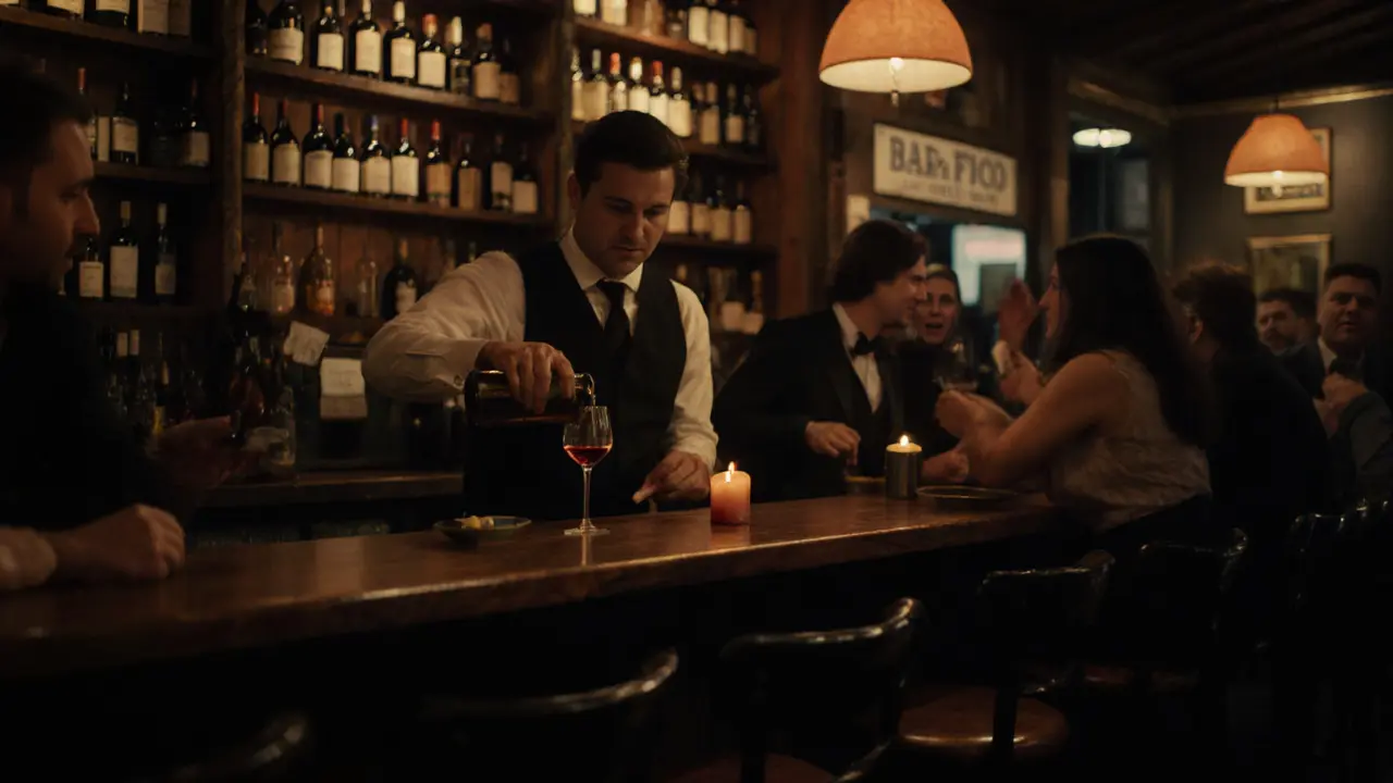 Candlelit intimate bar with a bartender pouring wine and quiet patrons seated at a wooden table.