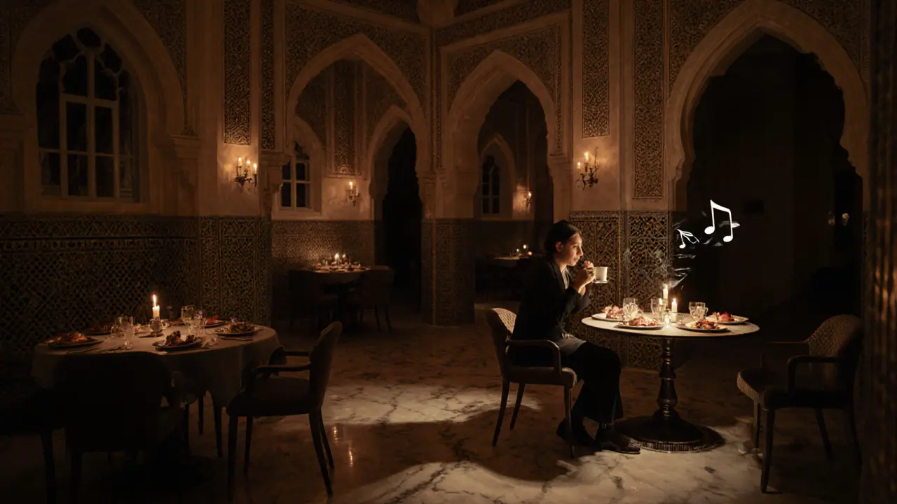 Candlelit Ottoman dining room at Asitane with elegant dishes and soft oud music in the air.