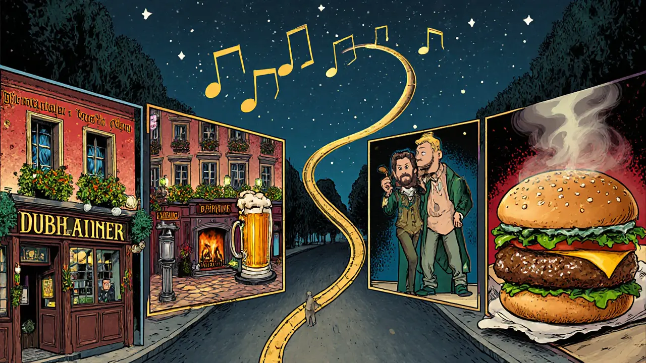 Comic-style journey through four iconic Paris pubs, each with unique character and drinks, connected by a night path.