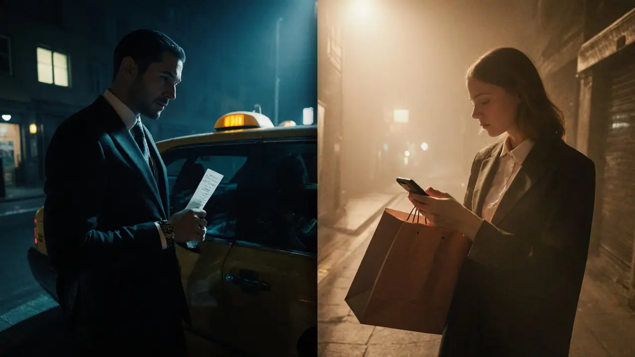 Contrasting figures of an escort and sugar baby in a foggy urban alley under separate lights.