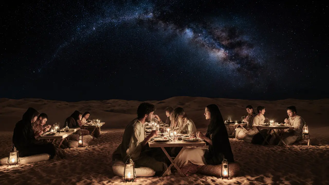 Couple under a star-filled desert sky, dining by lantern light at a traditional Bedouin-style setting.