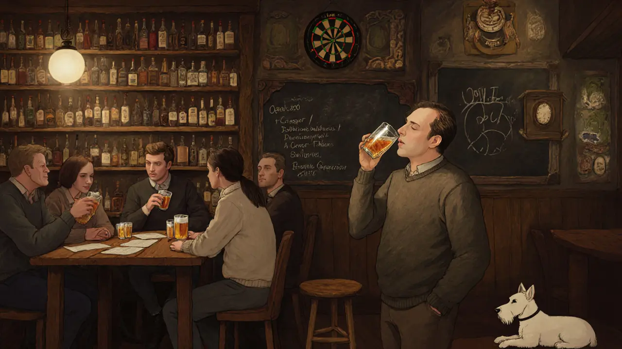 Cozy pub with whiskey bottles, quiz night, and a dog sleeping under a table, bathed in soft amber light.
