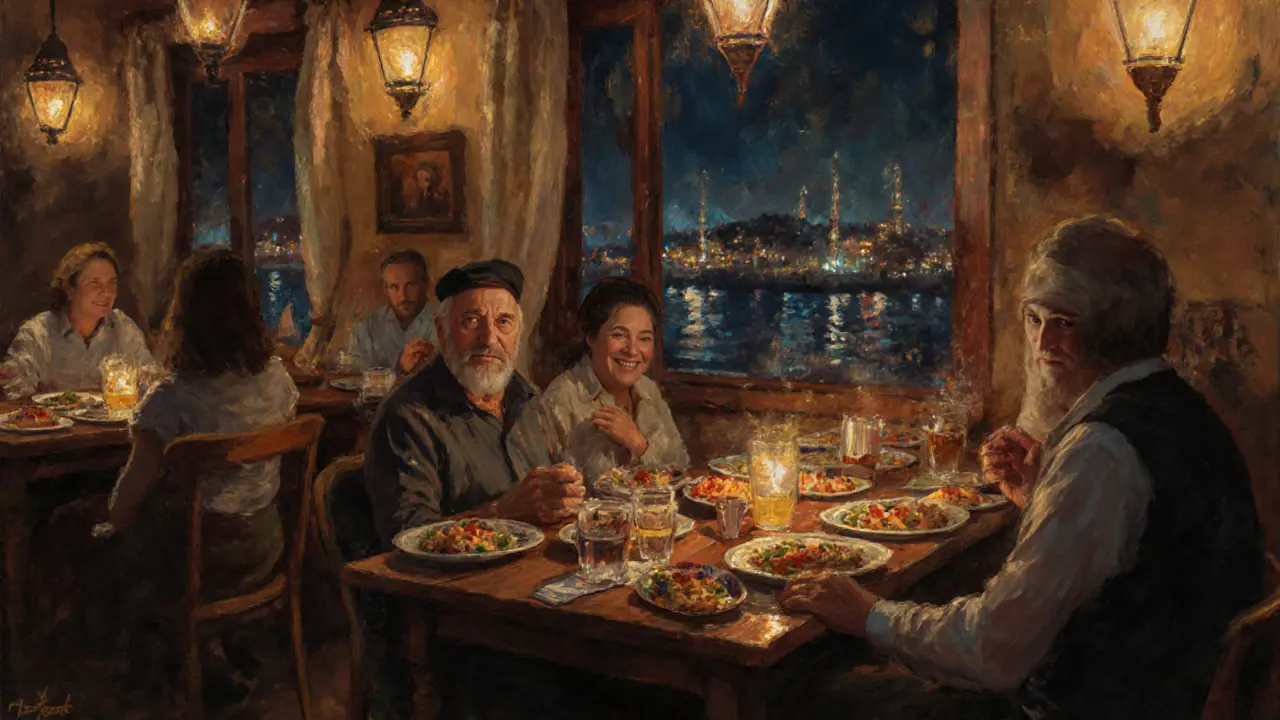 Cozy restaurant table filled with meze dishes and a man playing a cassette player at night.