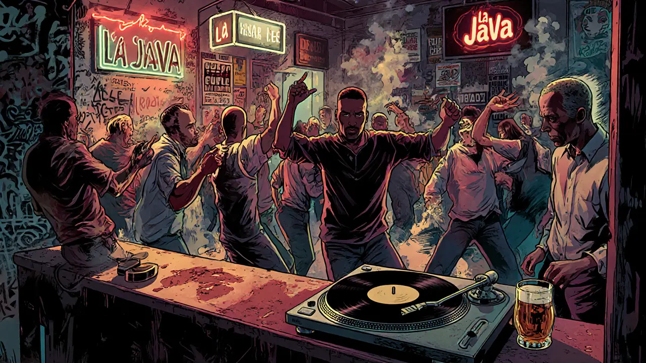 Crowd dancing in a smoke-filled Parisian nightclub with neon signs and vintage music posters.