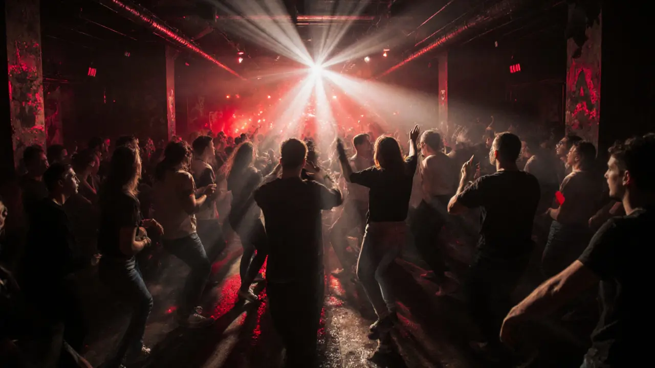 Gritty underground techno club Karga with pulsing lights and dancing crowd in a dark warehouse setting.