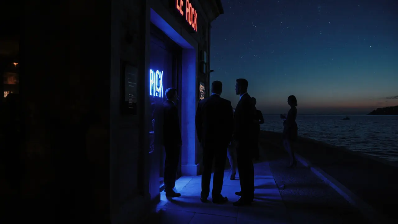 Hidden entrance to Le Rock nightclub with blue neon light and silhouetted guests.