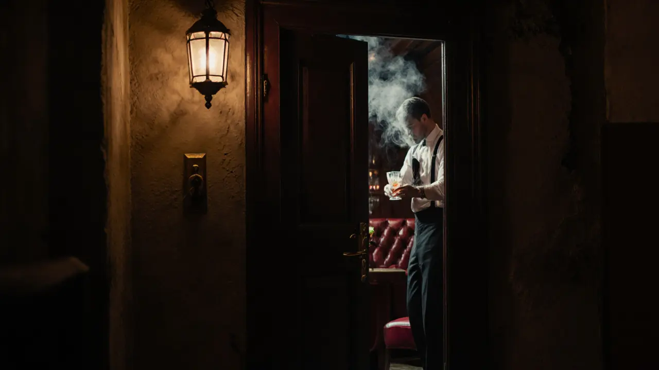 Hidden speakeasy entrance with brass knocker and dim lantern light, hinting at an intimate interior.