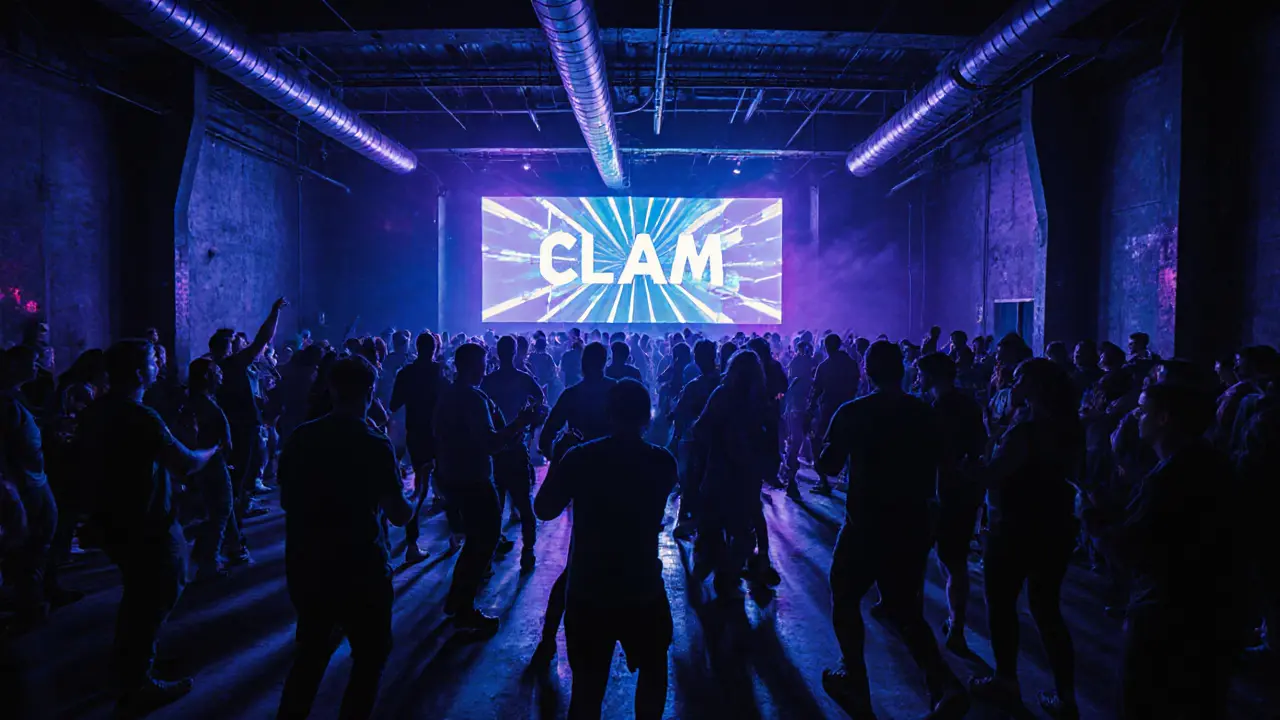 Industrial nightclub Clam with dancers under pulsing LED lights, concrete walls, no VIP areas, techno atmosphere.