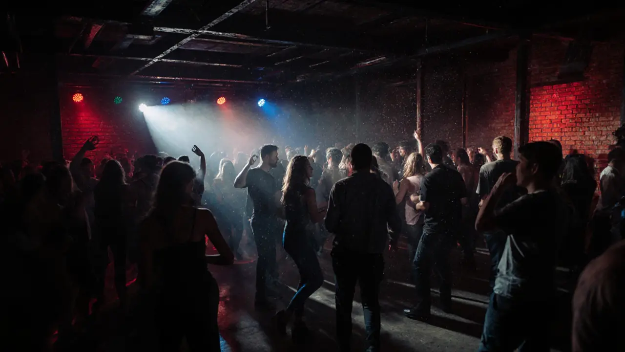 Industrial nightclub interior with pulsing lights and a diverse crowd dancing in dim, moody atmosphere.