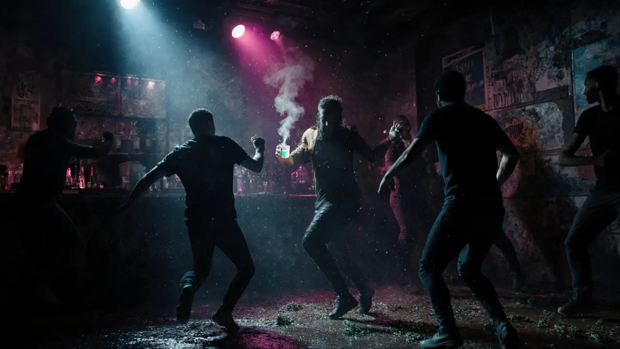 Inside Uzun Bar in Karaköy, dancers under pulsing lights in a dim, energetic underground club.