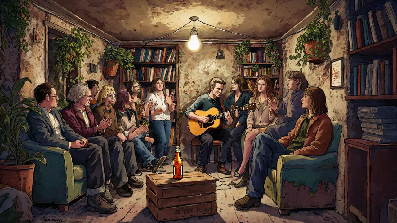 Intimate basement music venue with a guitarist playing to a small, attentive crowd.