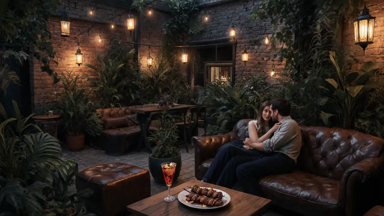 Intimate couple in a lush garden bar, sharing food and quiet conversation under soft lantern light.