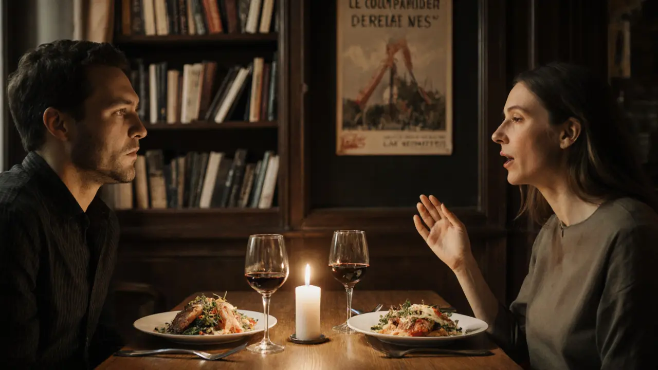 Intimate dinner at a Paris bistro with candlelight, wine, and quiet conversation.