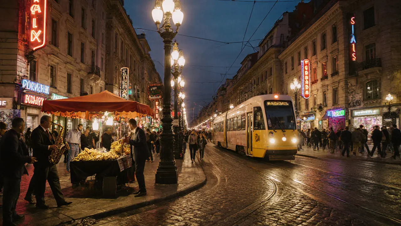 İstiklal Avenue bustling with people, street food, and vintage trams under glowing neon lights.