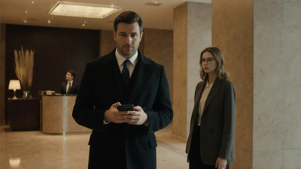 Man entering a hotel lobby he booked, meeting an escort respectfully at a distance.