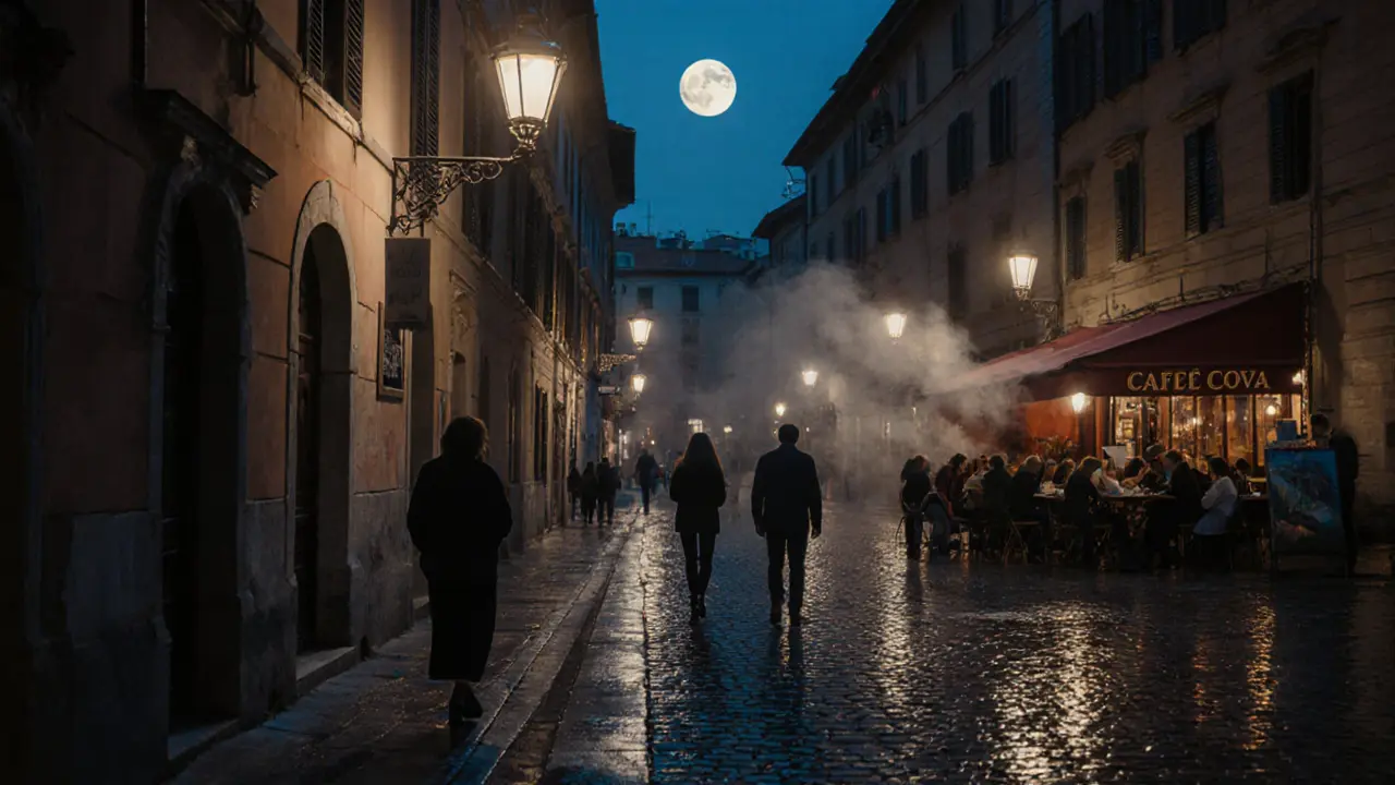 Moonlit walk through Brera's narrow streets with soft streetlamps and sketching artists.