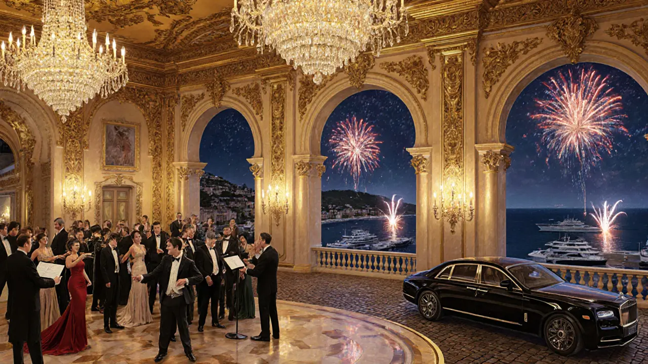 Opulent casino ballroom transformed into a black-tie party with fireworks and live orchestra.