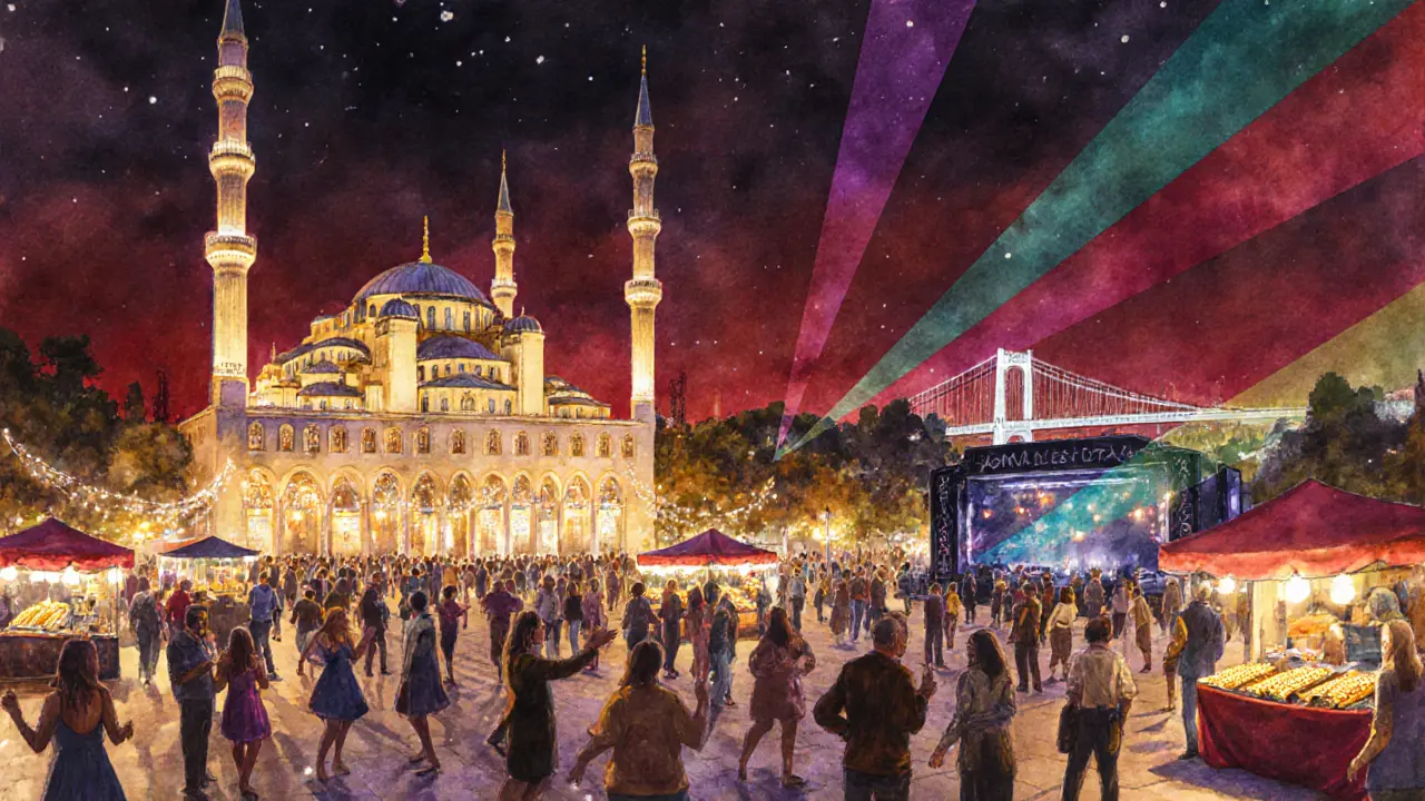 Ortaköy square at night with glowing mosque, fairy lights, and people dancing around a courtyard bar.