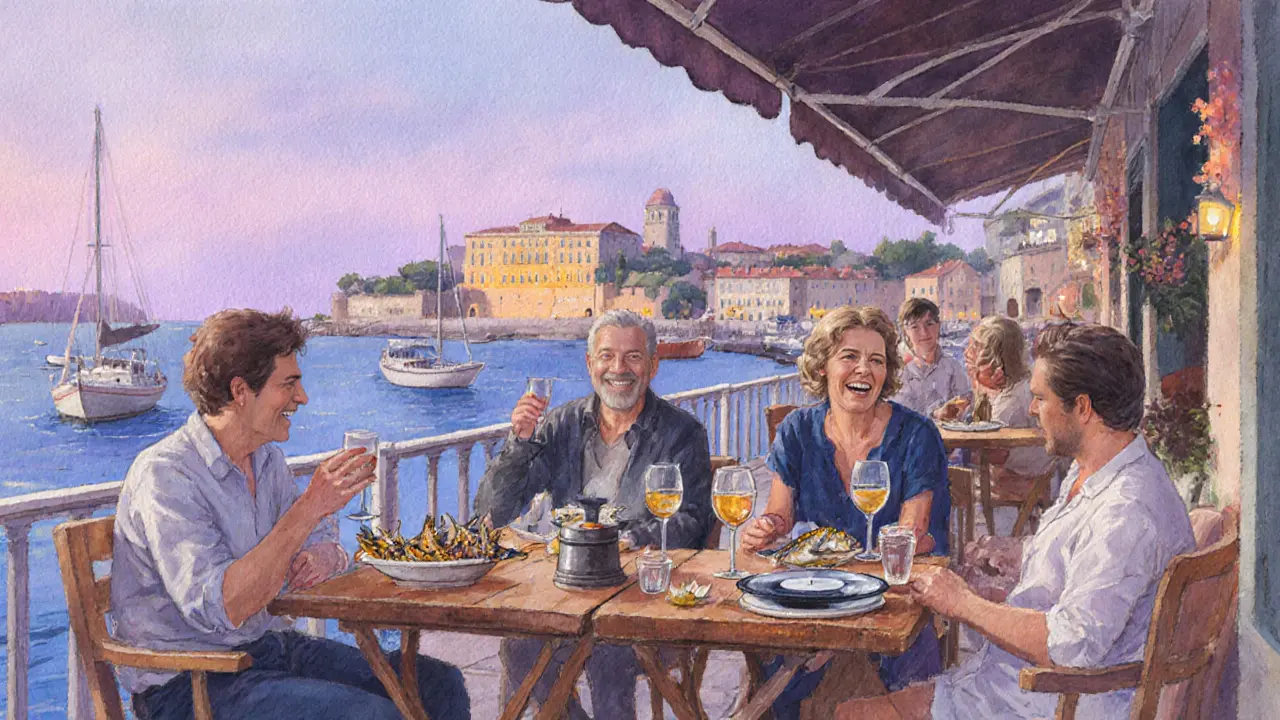 Quiet harbor bistro at dusk with locals enjoying wine, jazz music, and calm sea views.
