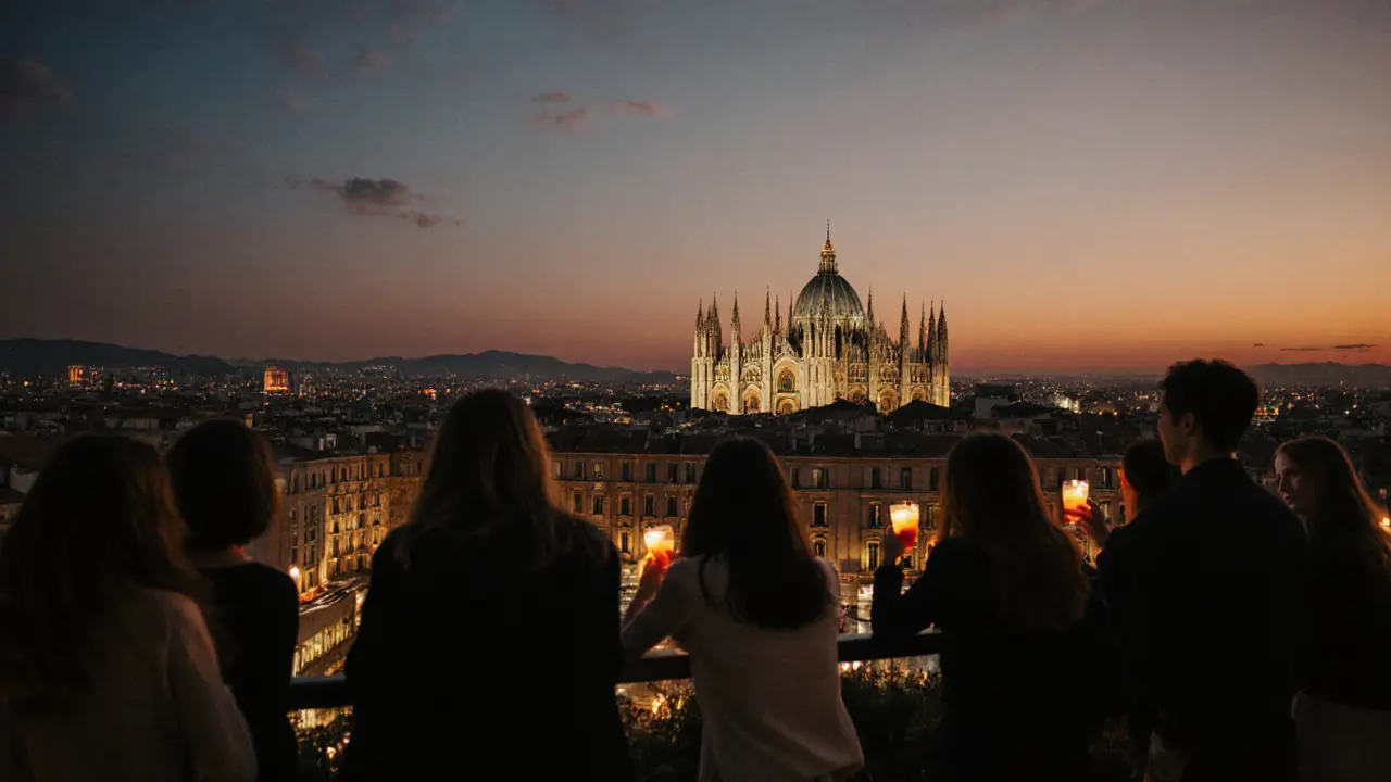 Rooftop terrace with view of Milan Duomo at sunset, people holding spritzes, quiet crowd, warm city lights below.