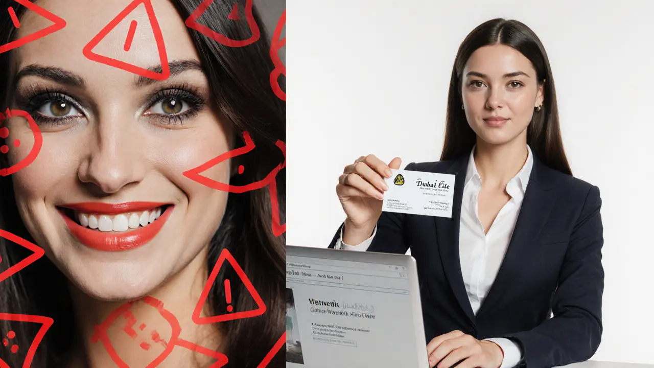 Side-by-side comparison of a fake escort photo with red flags versus a professional companion's verified website.