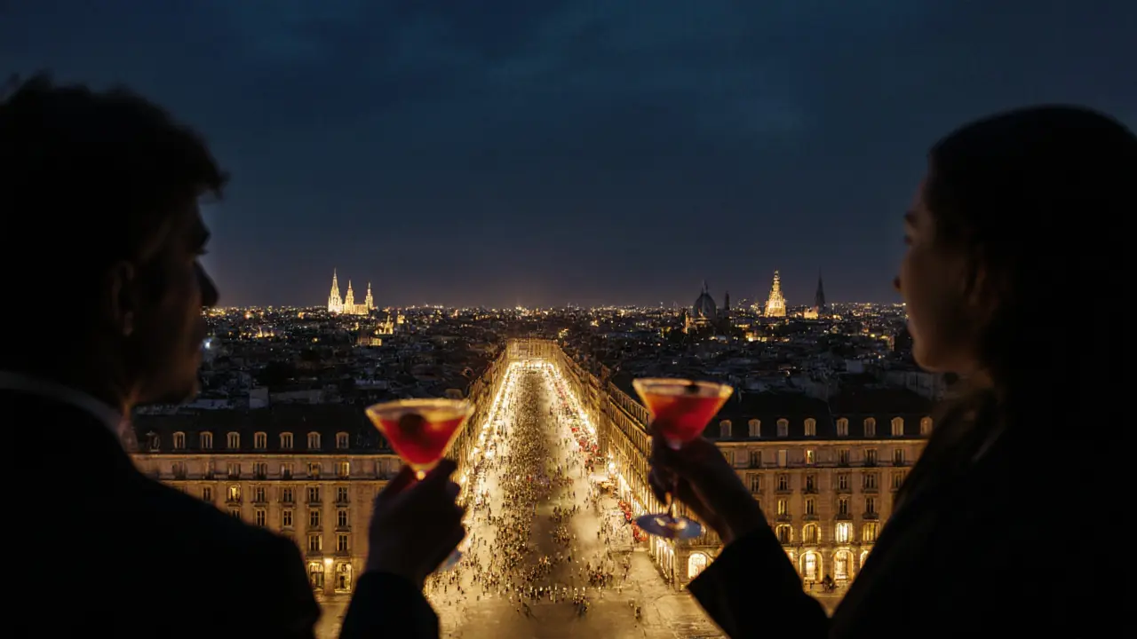 Silhouetted figures on a rooftop overlooking Milan's glowing Galleria at midnight.