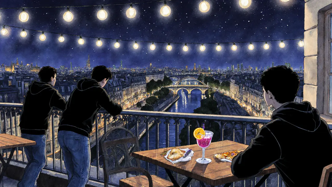 Silhouettes of men on a rooftop bar overlooking Paris at night with string lights and Montmartre in the distance.