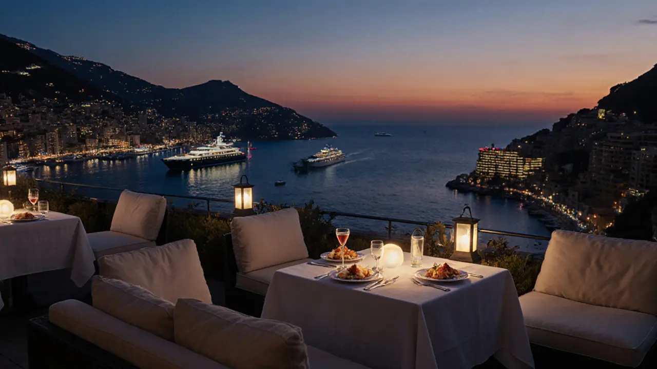 Sunset terrace at Blue Bay with yachts gliding past glowing harbor lights.
