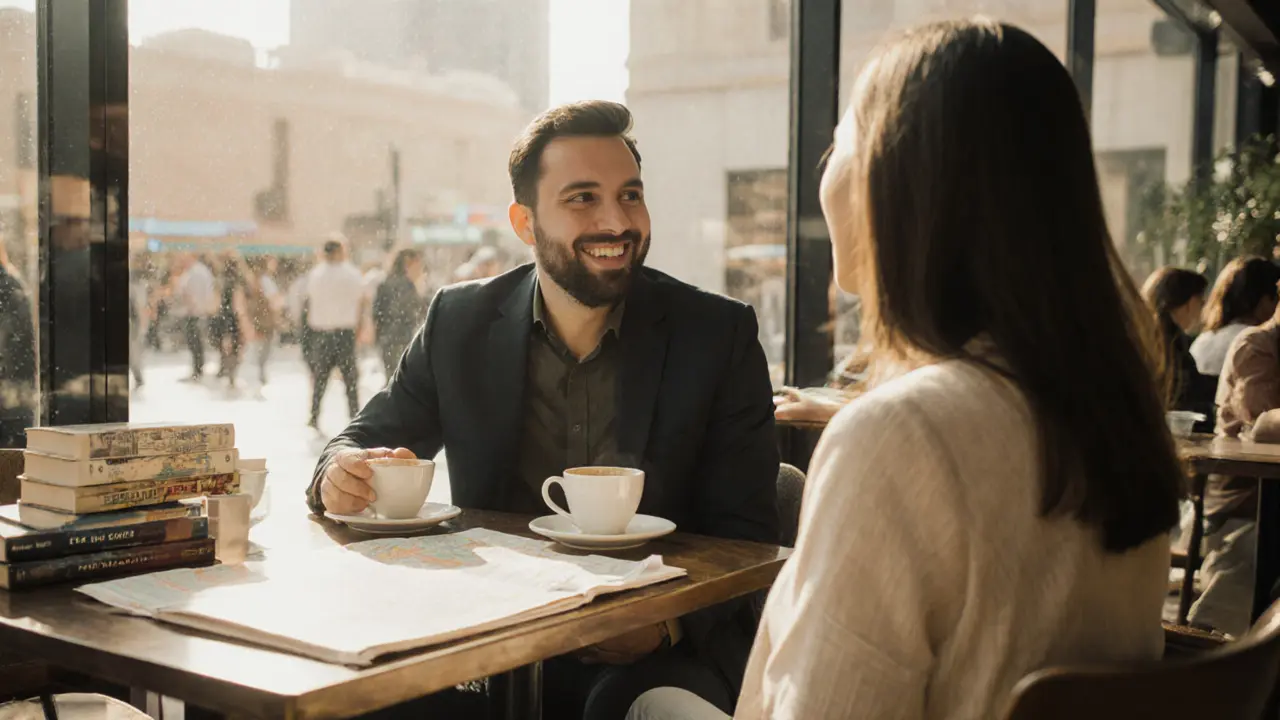 Two people having coffee at Dubai Mall, sharing a genuine conversation in a bright, welcoming café setting.