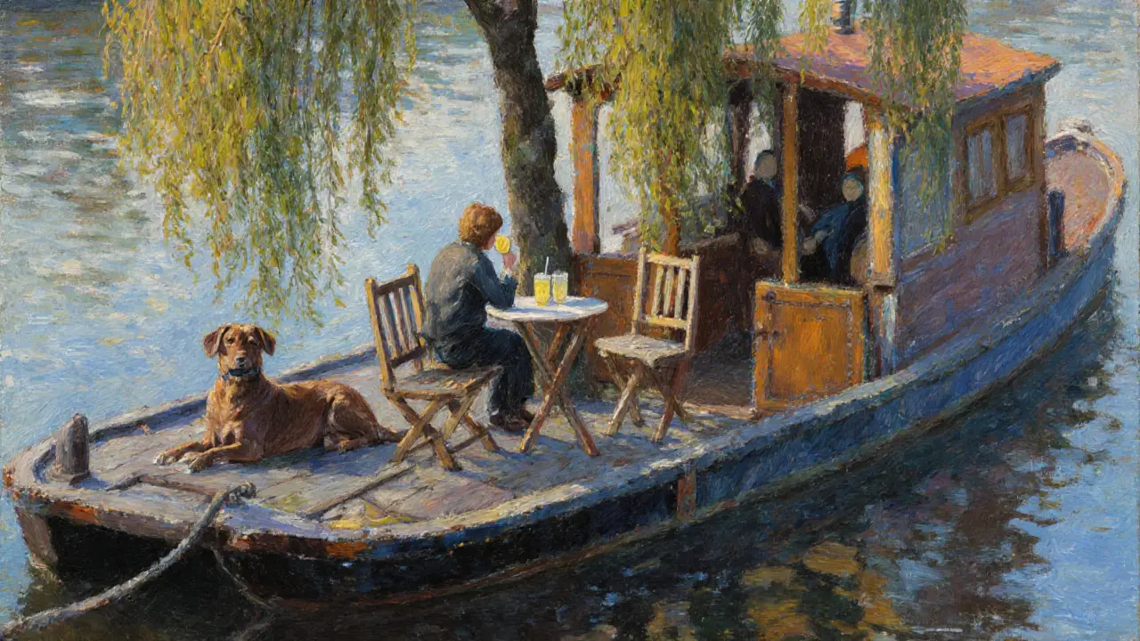 Two people quietly enjoying lemonade at a floating café on the Spree, with a dog resting nearby.