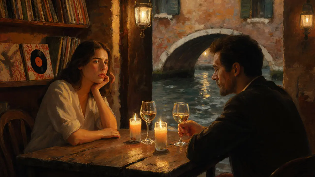 Two people share an intimate dinner in a cozy Milan trattoria, illuminated by candlelight and deep conversation.