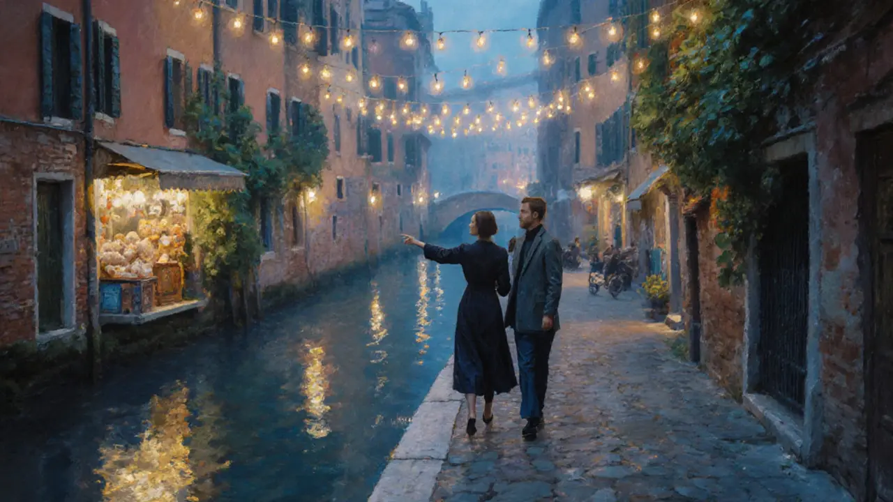 Two people walking peacefully along the illuminated Navigli canals at night.