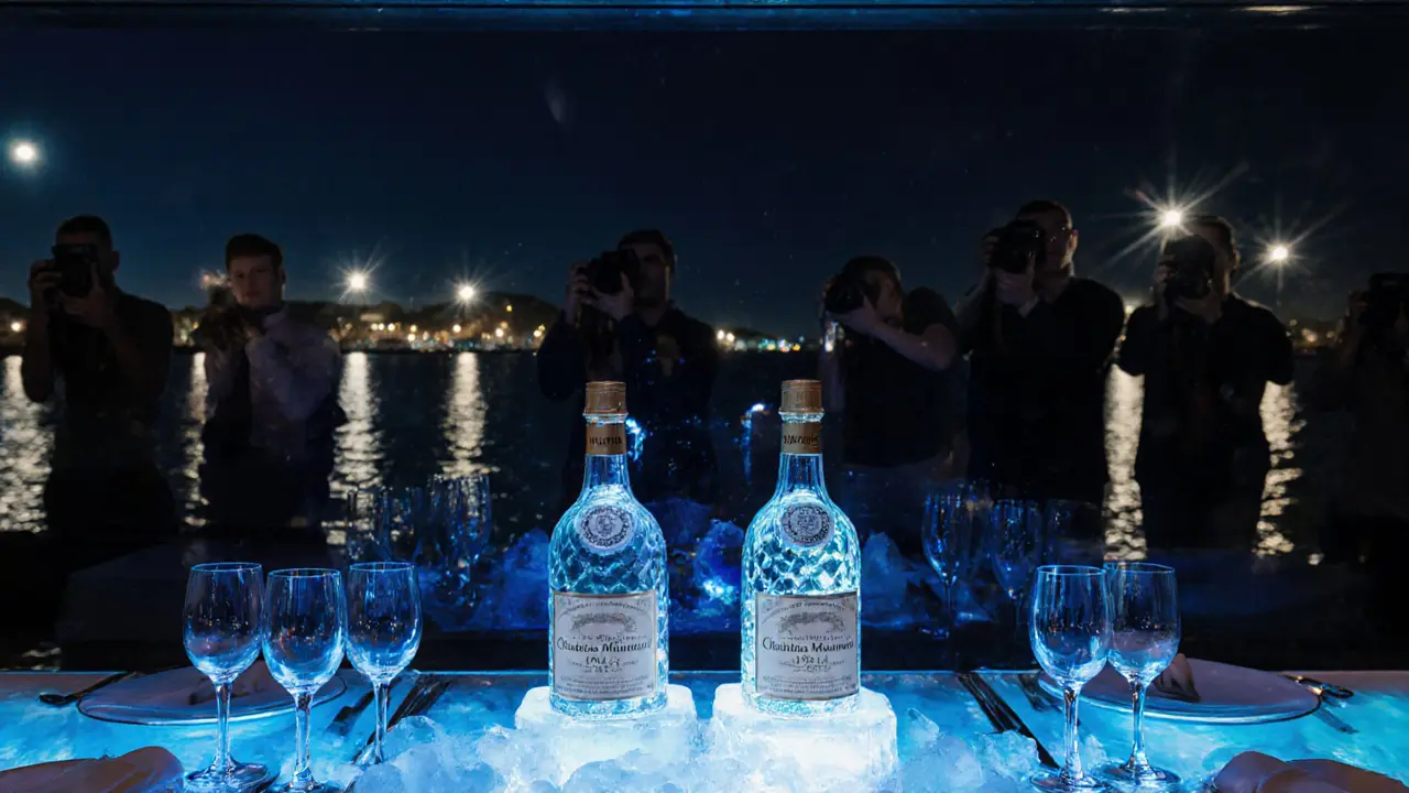 Two rare champagne bottles glow on ice at Blue Bay, empty flutes reflecting moonlight as cameras watch outside.