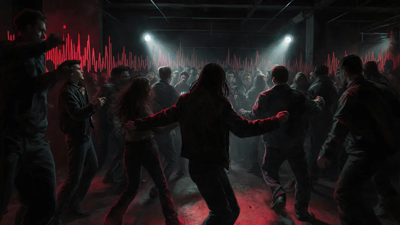 Underground club with dark walls and dancers moving to electronic music under strobe lights.