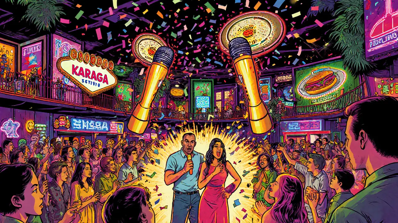 Vibrant karaoke venue with themed rooms and diverse crowd singing together under neon lights.